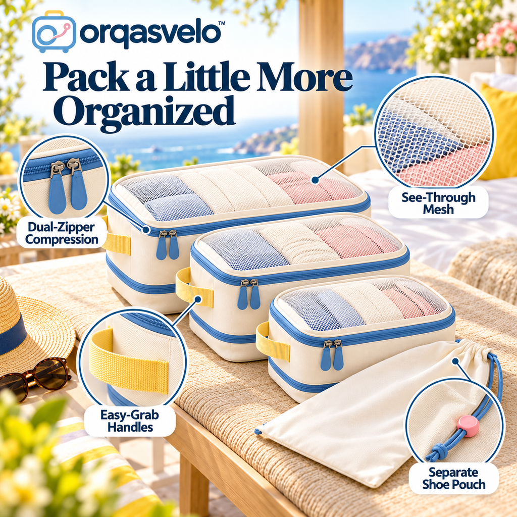 orqasvelo™ Carry-On Edit 4-Piece Compression Packing Cubes Set, Travel Luggage Organizers with Shoe Bag for Carry-On Packing