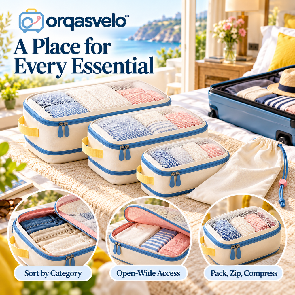 orqasvelo™ Carry-On Edit 4-Piece Compression Packing Cubes Set, Travel Luggage Organizers with Shoe Bag for Carry-On Packing