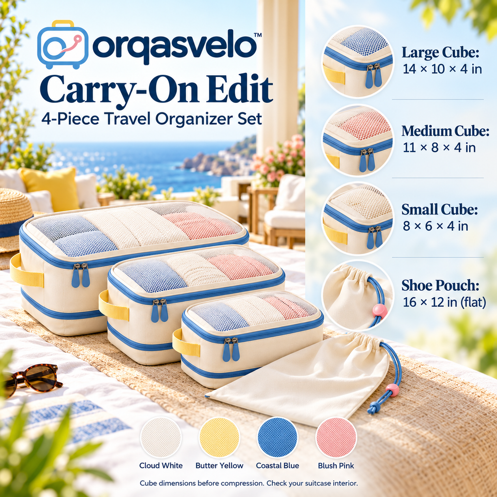 orqasvelo™ Carry-On Edit 4-Piece Compression Packing Cubes Set, Travel Luggage Organizers with Shoe Bag for Carry-On Packing