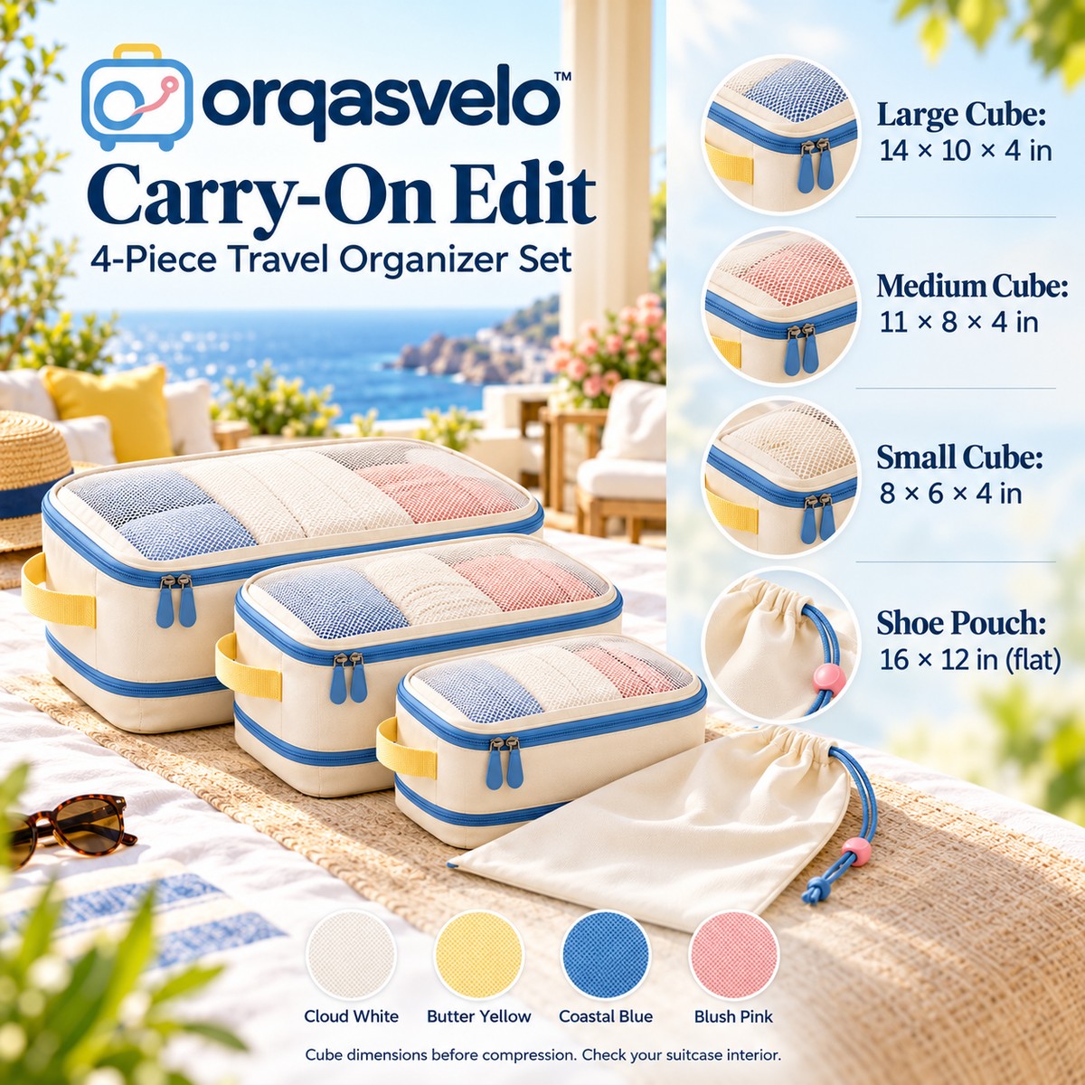orqasvelo™ Carry-On Edit 4-Piece Compression Packing Cubes Set, Travel Luggage Organizers with Shoe Bag for Carry-On Packing