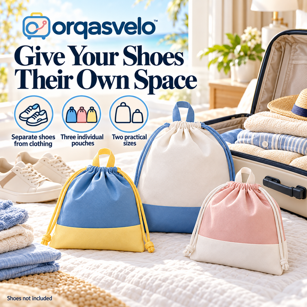 orqasvelo™ Sole Separate 3-Piece Travel Shoe Bags Set, Drawstring Shoe Storage Pouches for Suitcase Packing and Gym Bags