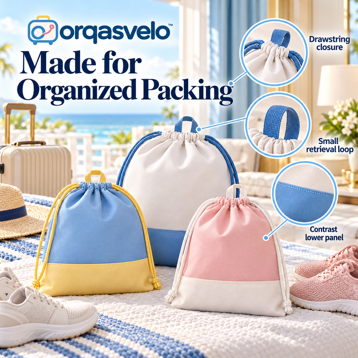 orqasvelo™ Sole Separate 3-Piece Travel Shoe Bags Set, Drawstring Shoe Storage Pouches for Suitcase Packing and Gym Bags