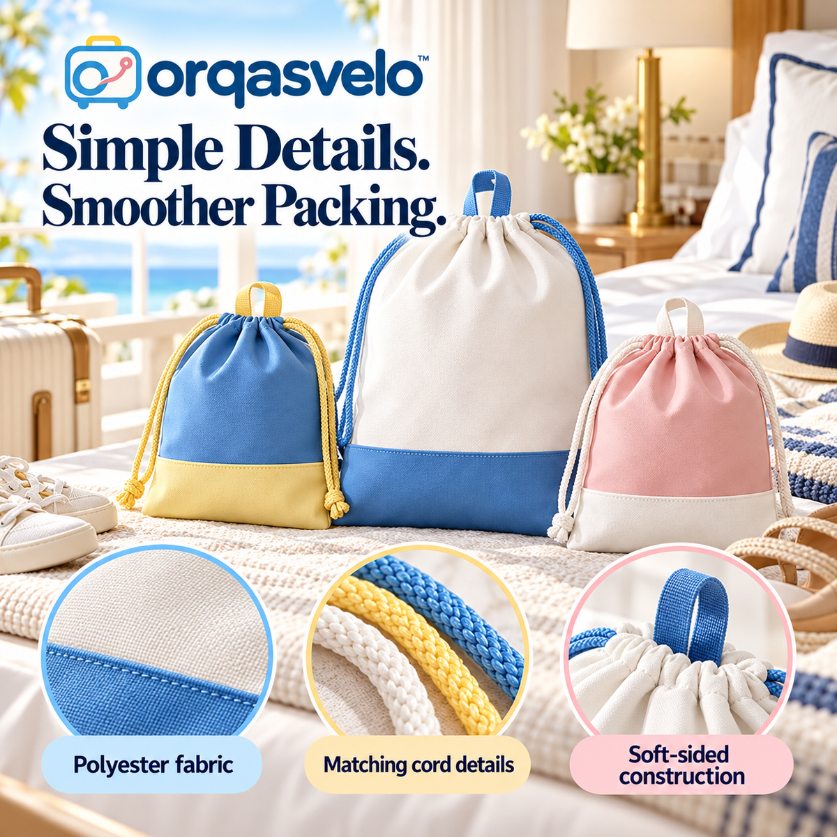 orqasvelo™ Sole Separate 3-Piece Travel Shoe Bags Set, Drawstring Shoe Storage Pouches for Suitcase Packing and Gym Bags