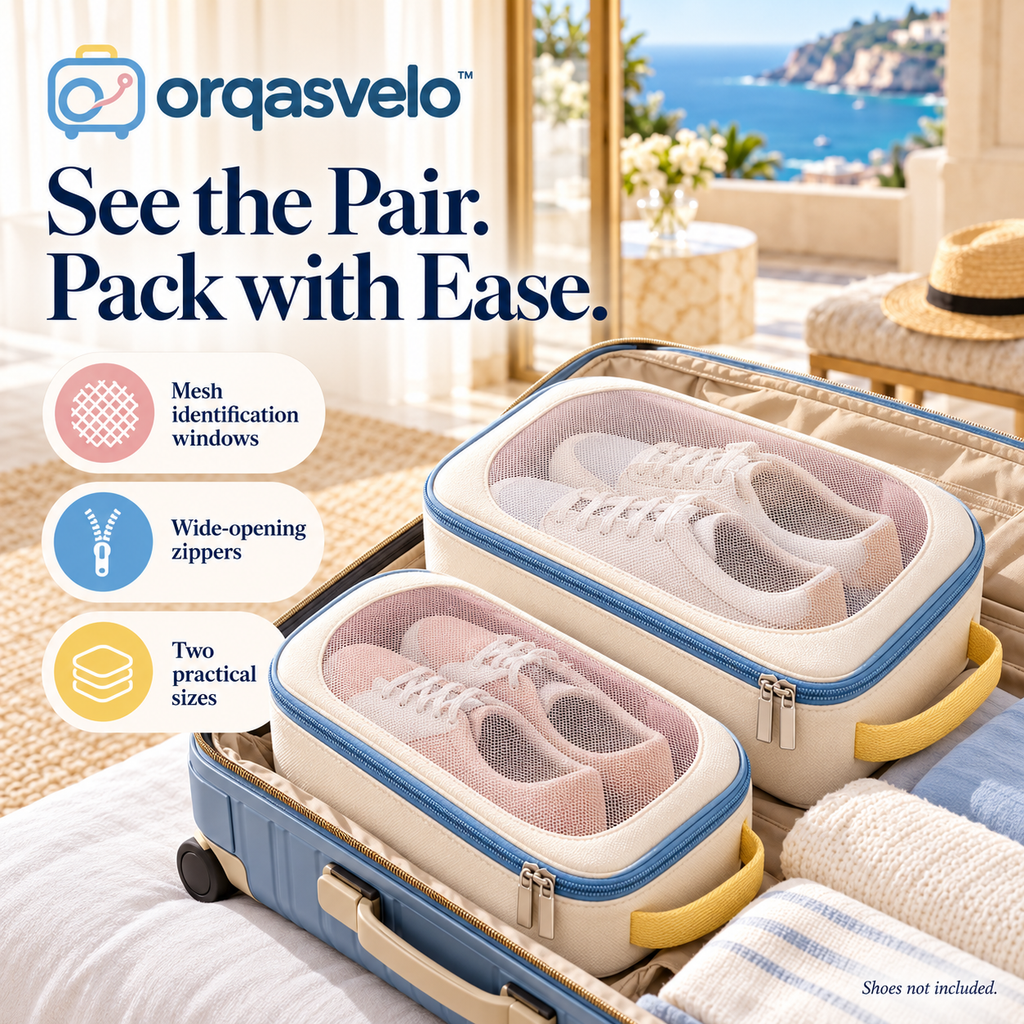 orqasvelo™ Sole Window 2-Piece Travel Shoe Bags Set, Zippered Shoe Packing Organizers with Mesh Windows and Carry Handles