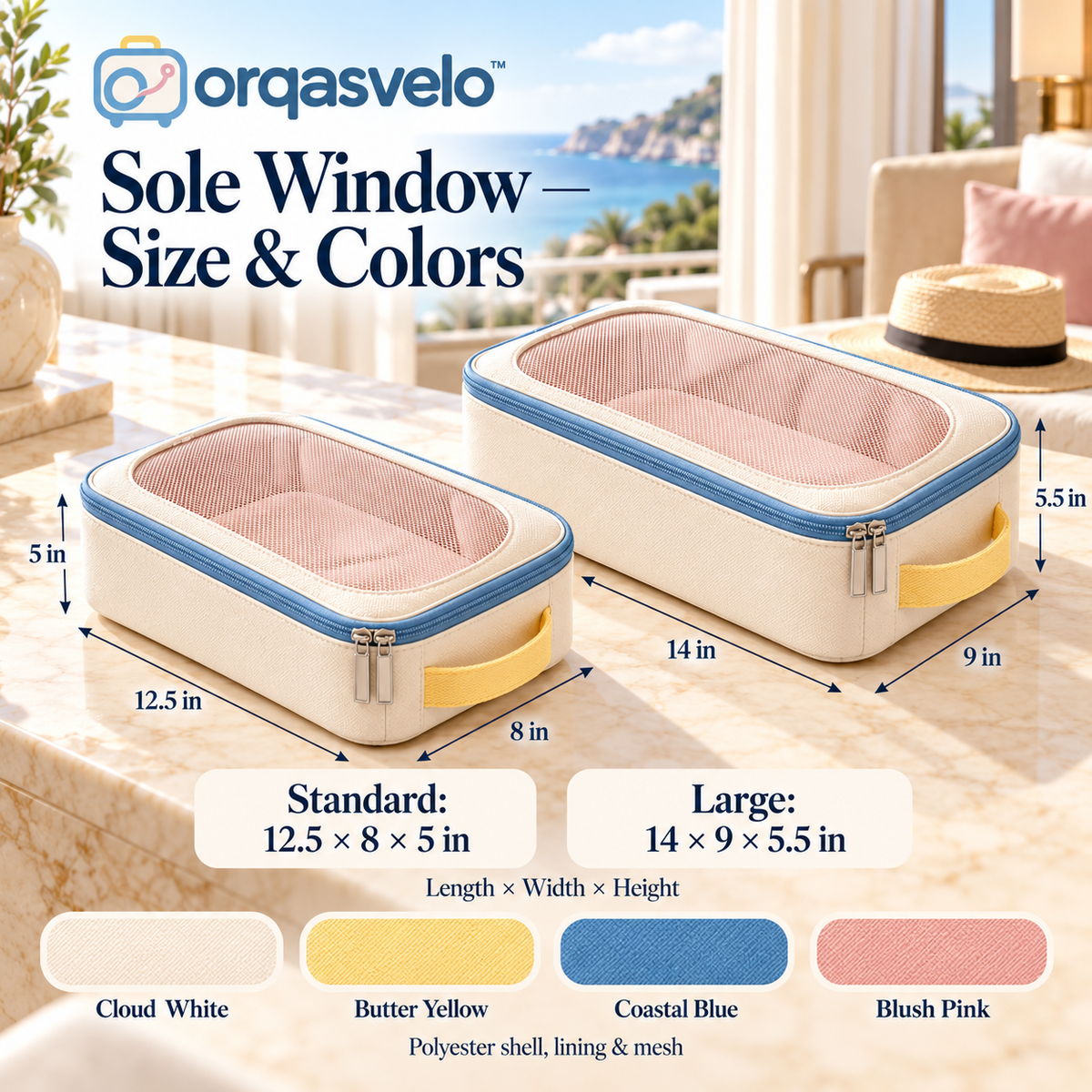 orqasvelo™ Sole Window 2-Piece Travel Shoe Bags Set, Zippered Shoe Packing Organizers with Mesh Windows and Carry Handles