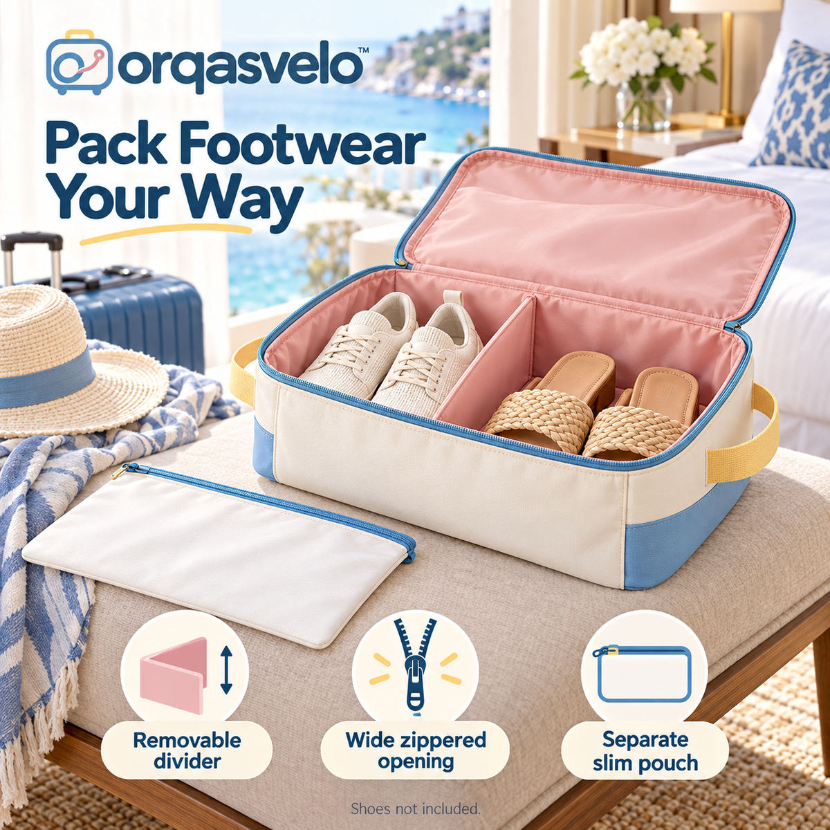 orqasvelo™ Sole Divide Travel Shoe Organizer Set, Dual-Compartment Shoe Packing Bag with Removable Divider and Slim Footwear Pouch