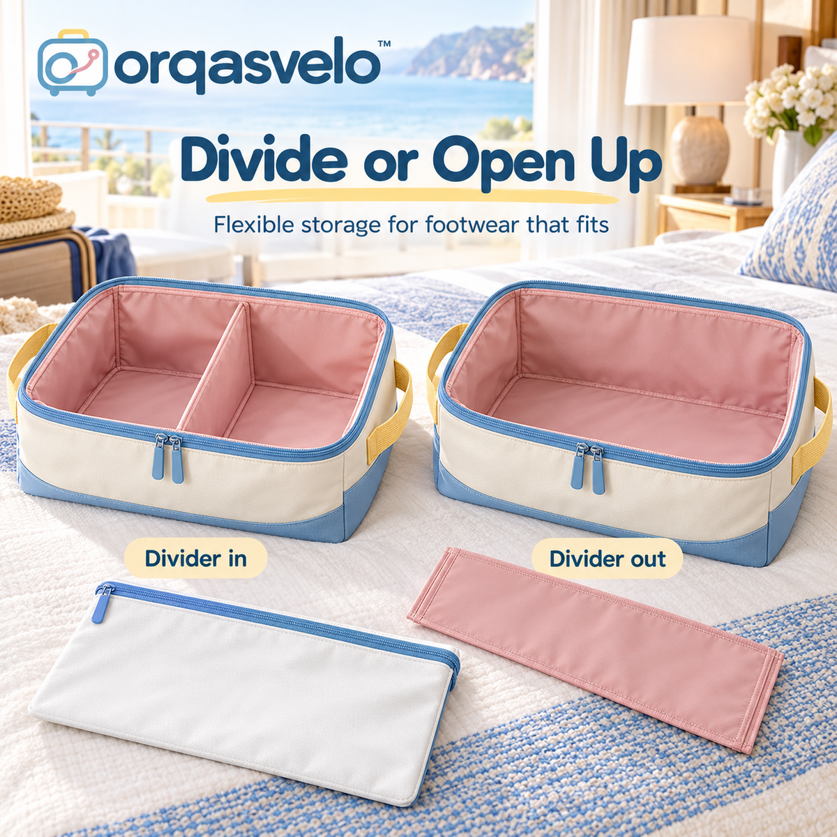orqasvelo™ Sole Divide Travel Shoe Organizer Set, Dual-Compartment Shoe Packing Bag with Removable Divider and Slim Footwear Pouch