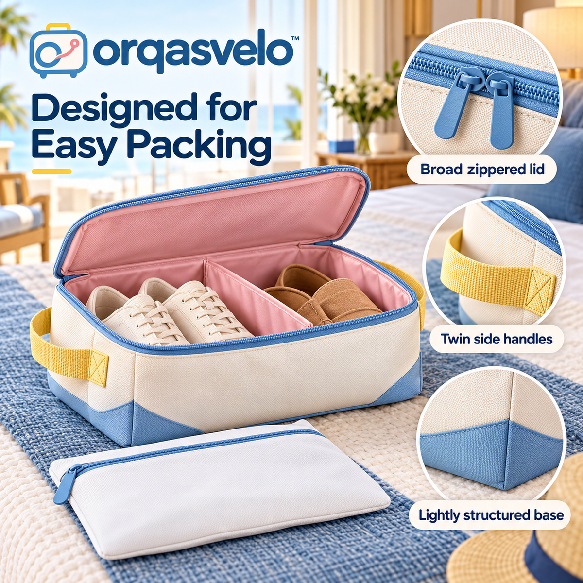 orqasvelo™ Sole Divide Travel Shoe Organizer Set, Dual-Compartment Shoe Packing Bag with Removable Divider and Slim Footwear Pouch