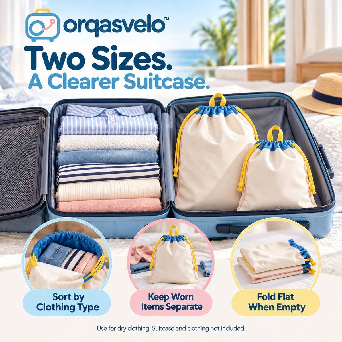 orqasvelo™ Fresh Divide 2-Piece Travel Laundry Bag Set, Foldable Drawstring Dirty Clothes Organizers for Suitcases and Weekend Trips
