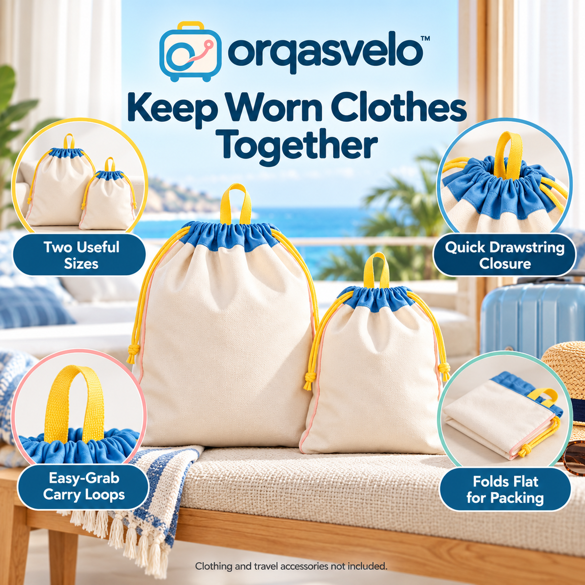 orqasvelo™ Fresh Divide 2-Piece Travel Laundry Bag Set, Foldable Drawstring Dirty Clothes Organizers for Suitcases and Weekend Trips