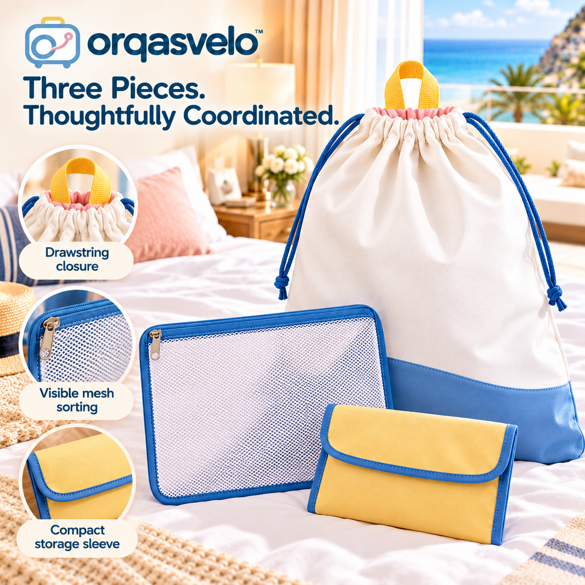 orqasvelo™ Sort & Go 3-Piece Travel Laundry Bag Set, Dirty Clothes Storage Bag with Mesh Sorting Pouch and Compact Packing Sleeve
