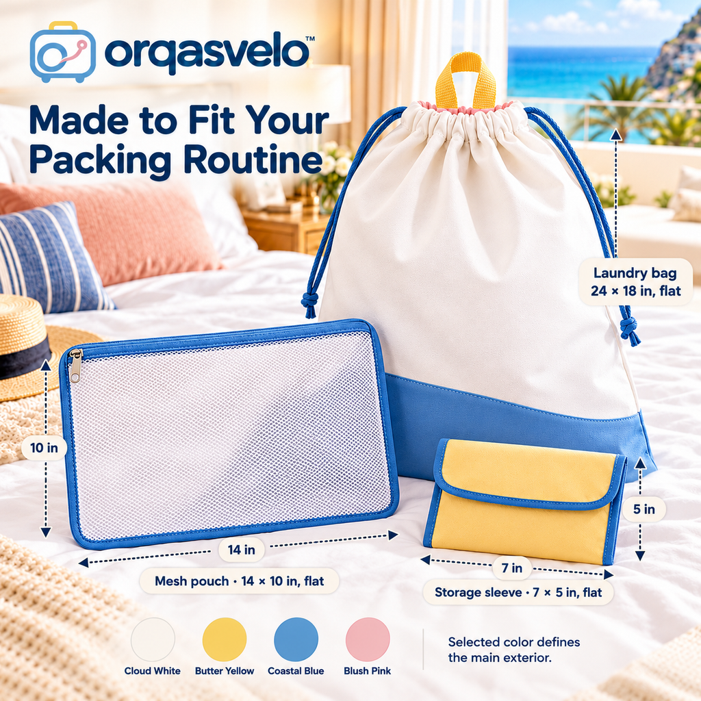 orqasvelo™ Sort & Go 3-Piece Travel Laundry Bag Set, Dirty Clothes Storage Bag with Mesh Sorting Pouch and Compact Packing Sleeve