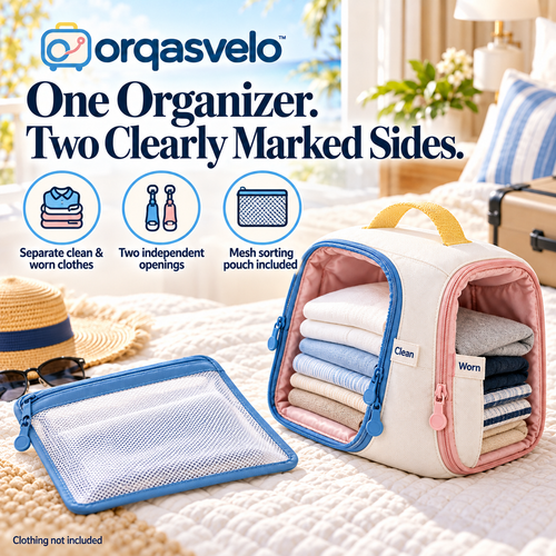 orqasvelo™ Clean/Worn Edit Travel Laundry Organizer, Dual-Compartment Packing Cube for Clean Clothes and Dirty Laundry with Small Sorting Pouch