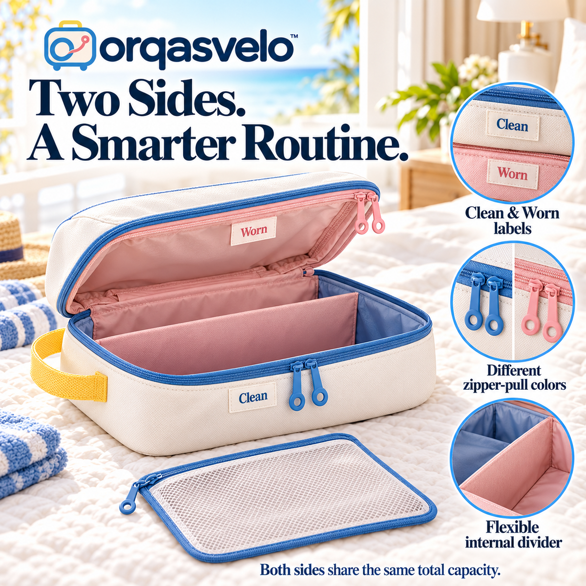 orqasvelo™ Clean/Worn Edit Travel Laundry Organizer, Dual-Compartment Packing Cube for Clean Clothes and Dirty Laundry with Small Sorting Pouch