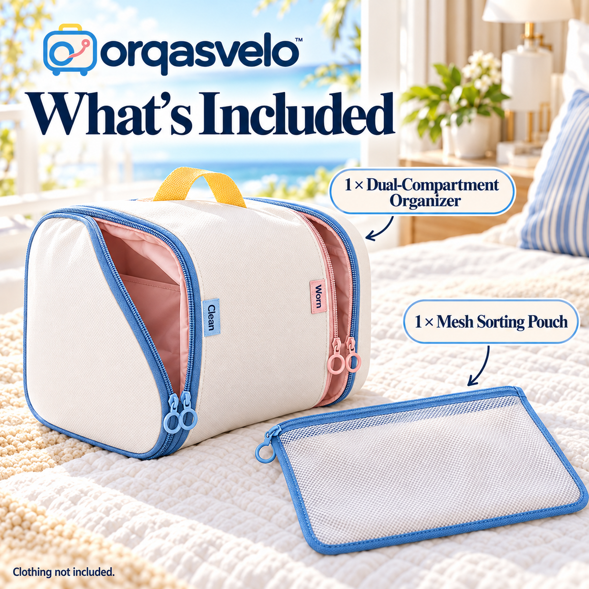 orqasvelo™ Clean/Worn Edit Travel Laundry Organizer, Dual-Compartment Packing Cube for Clean Clothes and Dirty Laundry with Small Sorting Pouch