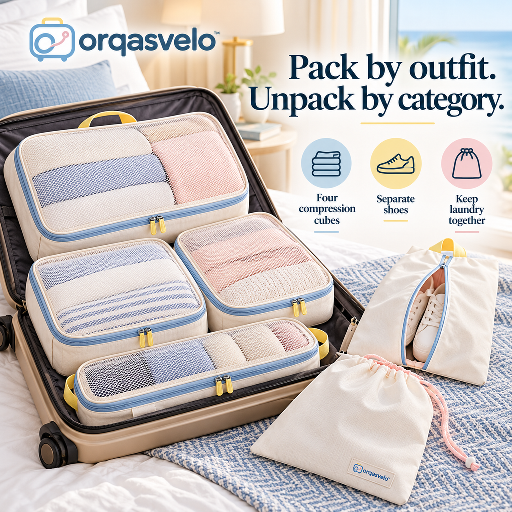 orqasvelo™ Weekaway Edit 6-Piece Compression Packing Cubes Set, Suitcase Organizer Bags with Travel Shoe Bag and Laundry Pouch