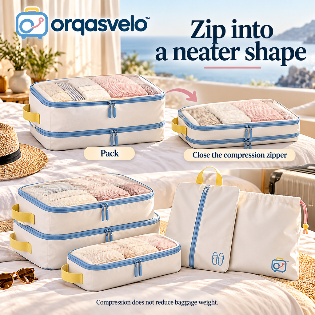 orqasvelo™ Weekaway Edit 6-Piece Compression Packing Cubes Set, Suitcase Organizer Bags with Travel Shoe Bag and Laundry Pouch