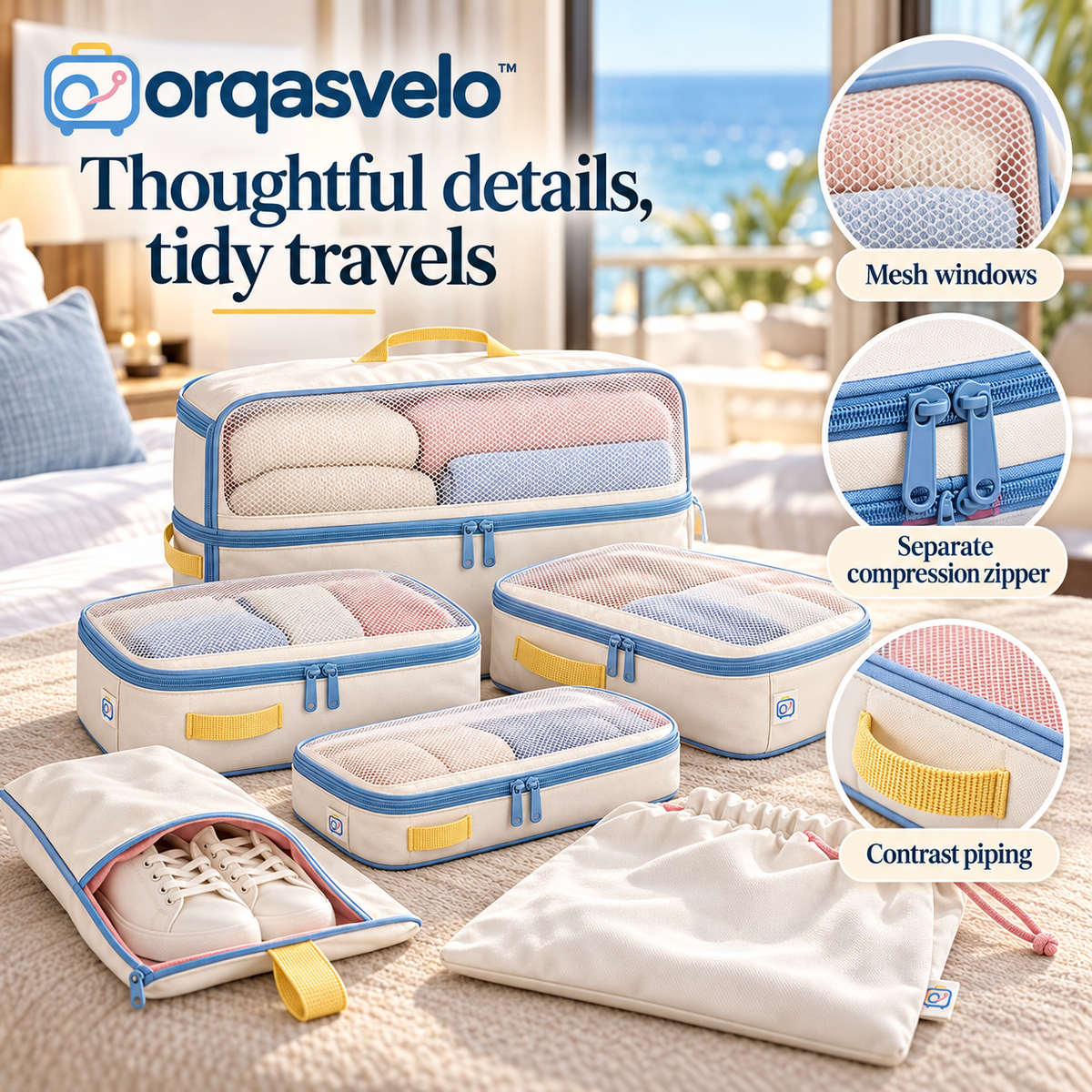 orqasvelo™ Weekaway Edit 6-Piece Compression Packing Cubes Set, Suitcase Organizer Bags with Travel Shoe Bag and Laundry Pouch