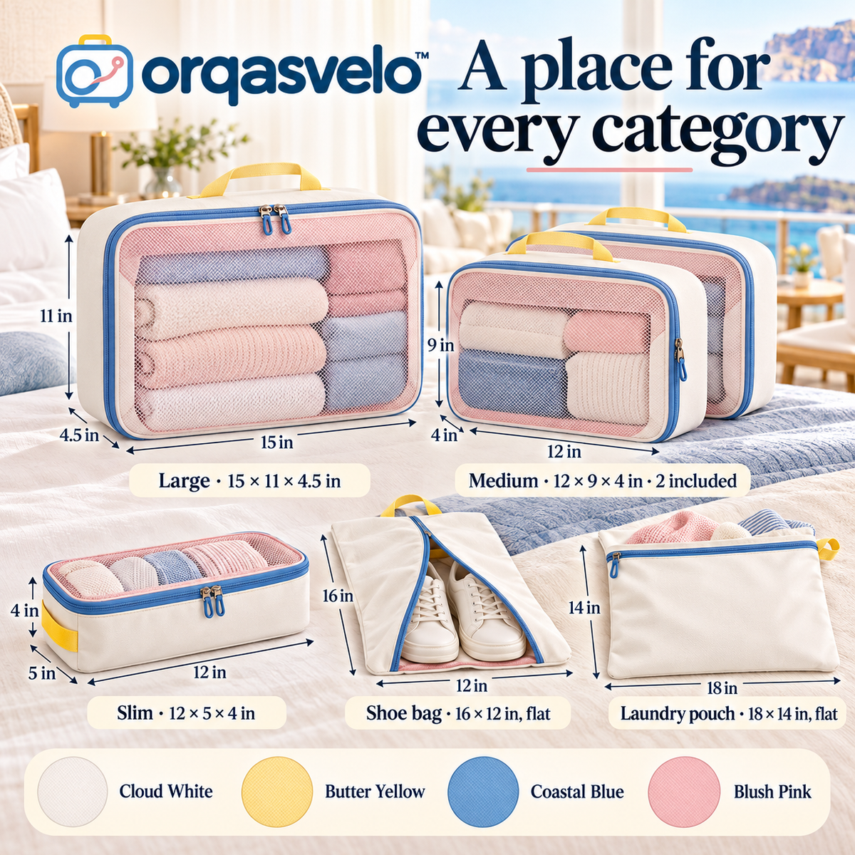 orqasvelo™ Weekaway Edit 6-Piece Compression Packing Cubes Set, Suitcase Organizer Bags with Travel Shoe Bag and Laundry Pouch