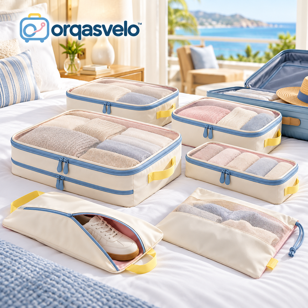 orqasvelo™ Weekaway Edit 6-Piece Compression Packing Cubes Set, Suitcase Organizer Bags with Travel Shoe Bag and Laundry Pouch