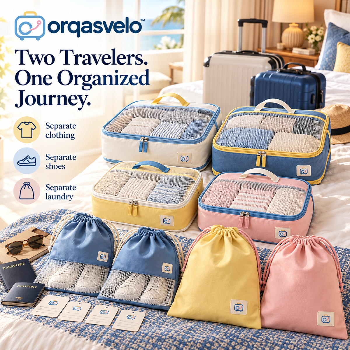 orqasvelo™ Shared Journey 8-Piece Compression Packing Cubes Set, Travel Packing Organizer Bags with Shoe Bags and Laundry Bags