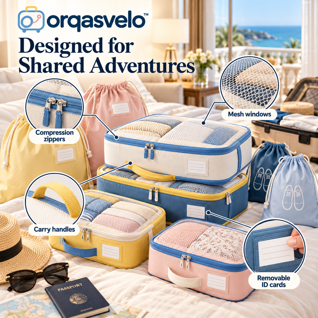 orqasvelo™ Shared Journey 8-Piece Compression Packing Cubes Set, Travel Packing Organizer Bags with Shoe Bags and Laundry Bags