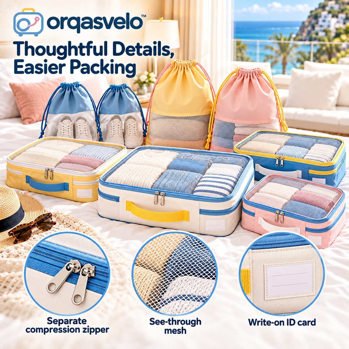 orqasvelo™ Shared Journey 8-Piece Compression Packing Cubes Set, Travel Packing Organizer Bags with Shoe Bags and Laundry Bags