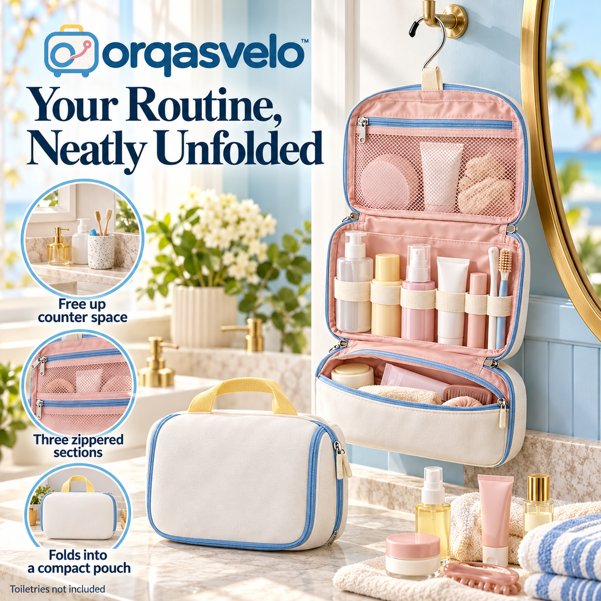 orqasvelo™ Counterfree Mini Hanging Toiletry Bag for Travel, Compact Bathroom Organizer and Foldable Toiletries Bag with Hook