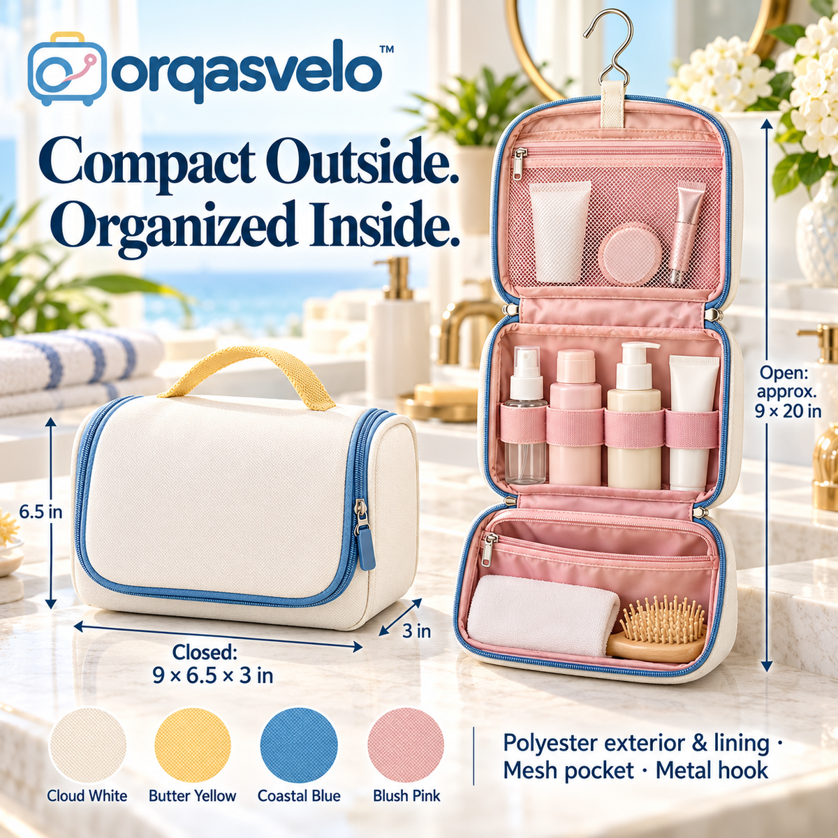 orqasvelo™ Counterfree Mini Hanging Toiletry Bag for Travel, Compact Bathroom Organizer and Foldable Toiletries Bag with Hook