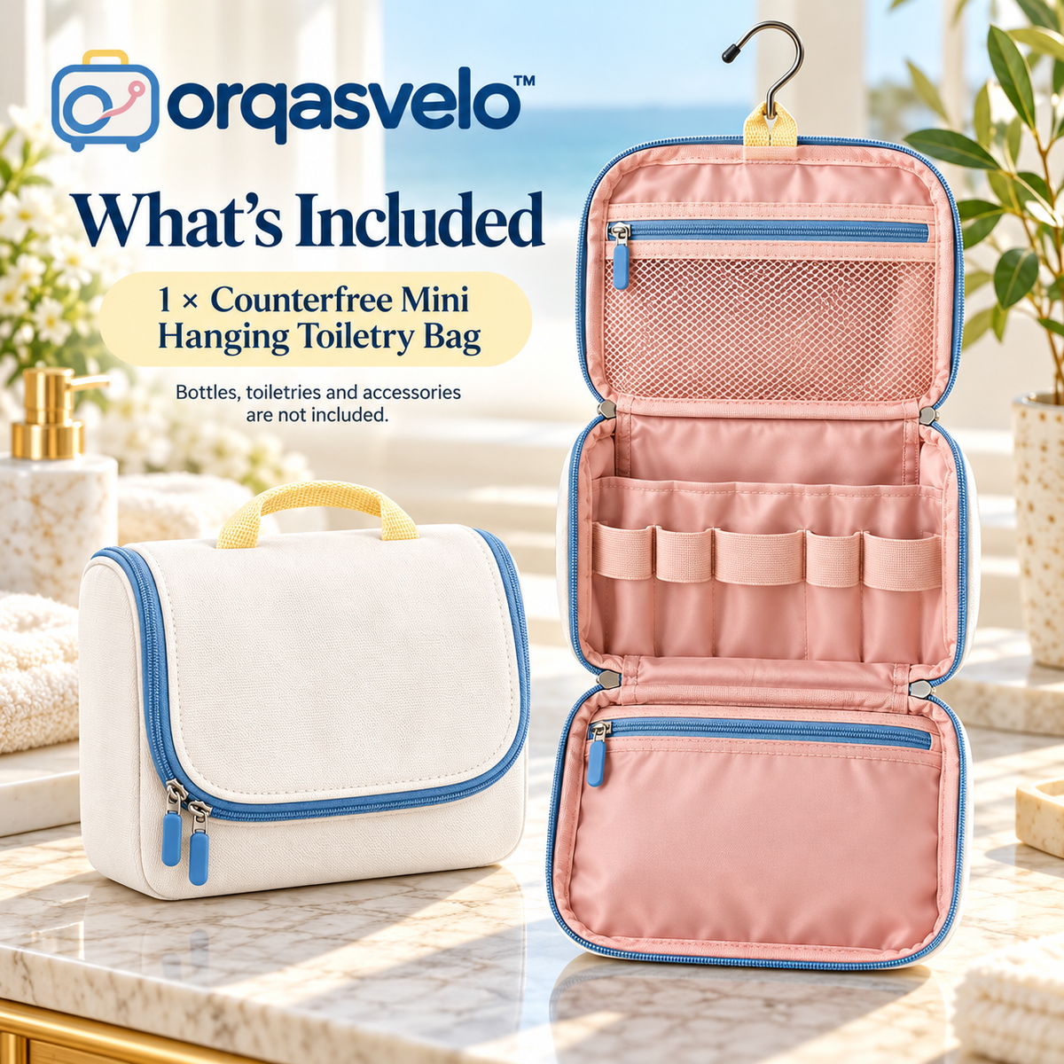orqasvelo™ Counterfree Mini Hanging Toiletry Bag for Travel, Compact Bathroom Organizer and Foldable Toiletries Bag with Hook
