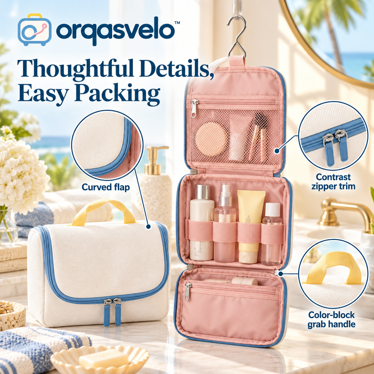 orqasvelo™ Counterfree Mini Hanging Toiletry Bag for Travel, Compact Bathroom Organizer and Foldable Toiletries Bag with Hook