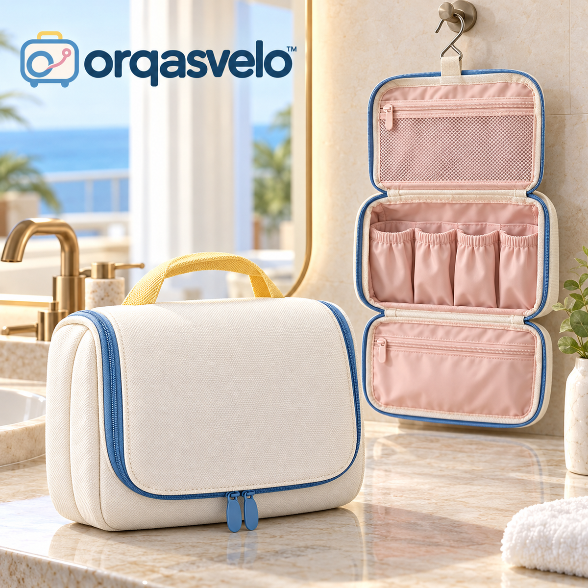 orqasvelo™ Counterfree Mini Hanging Toiletry Bag for Travel, Compact Bathroom Organizer and Foldable Toiletries Bag with Hook