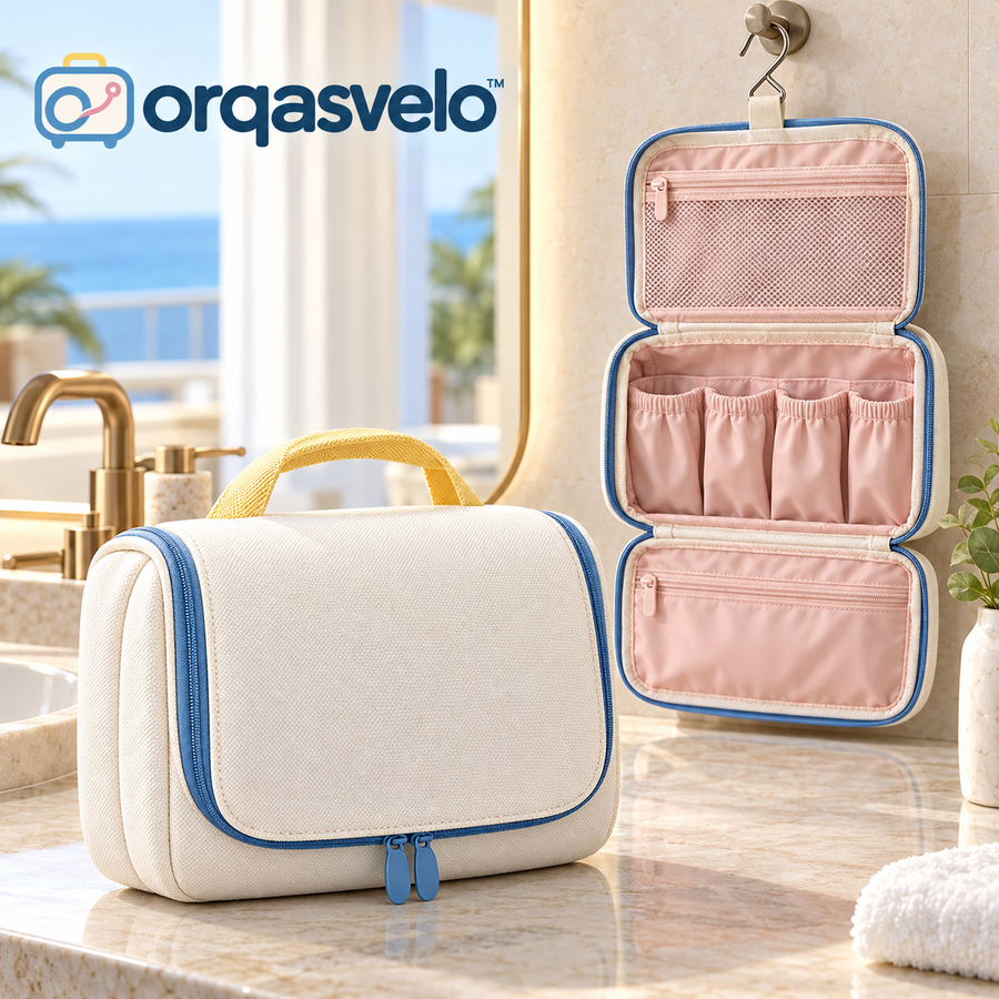 orqasvelo™ Counterfree Mini Hanging Toiletry Bag for Travel, Compact Bathroom Organizer and Foldable Toiletries Bag with Hook