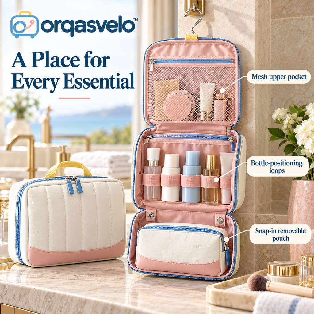 orqasvelo™ Daily Ritual Hanging Toiletry Bag for Travel, Bathroom and Makeup Organizer with Removable Cosmetic Pouch