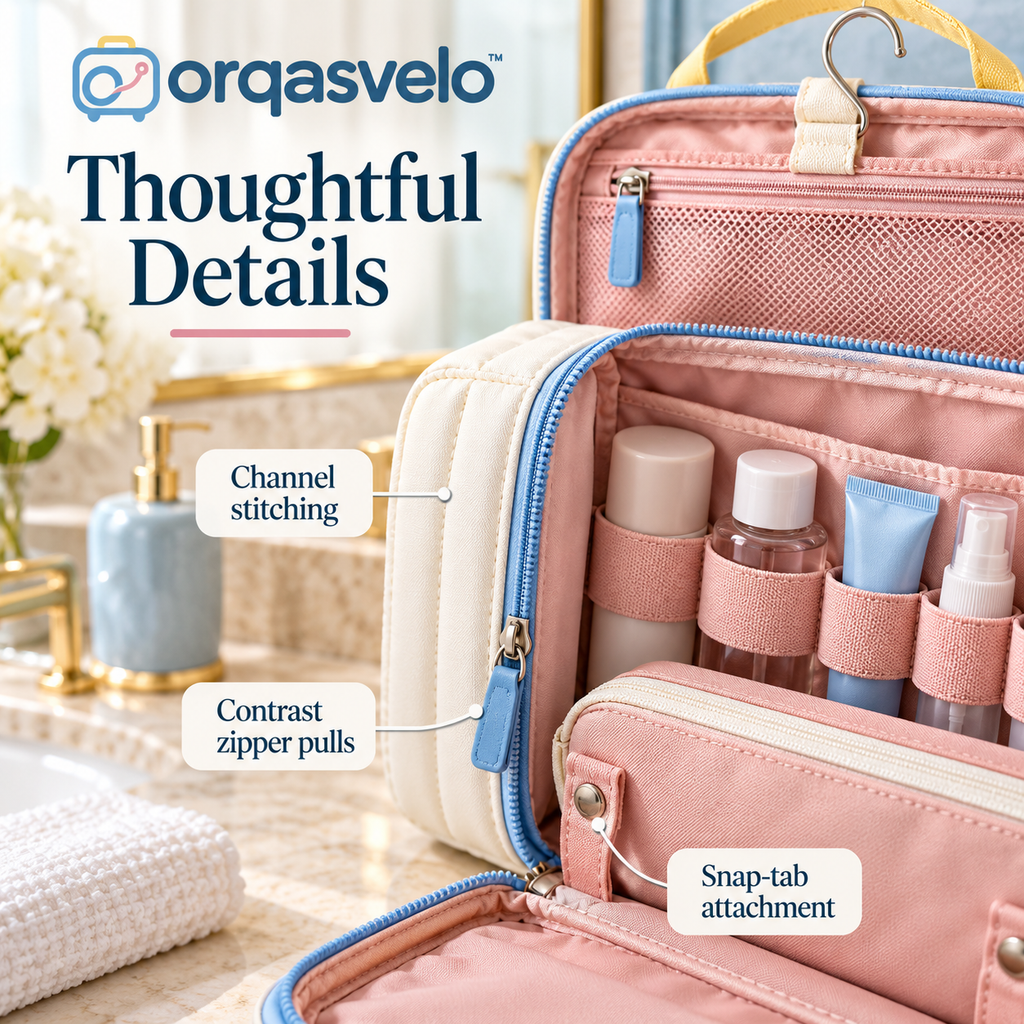 orqasvelo™ Daily Ritual Hanging Toiletry Bag for Travel, Bathroom and Makeup Organizer with Removable Cosmetic Pouch