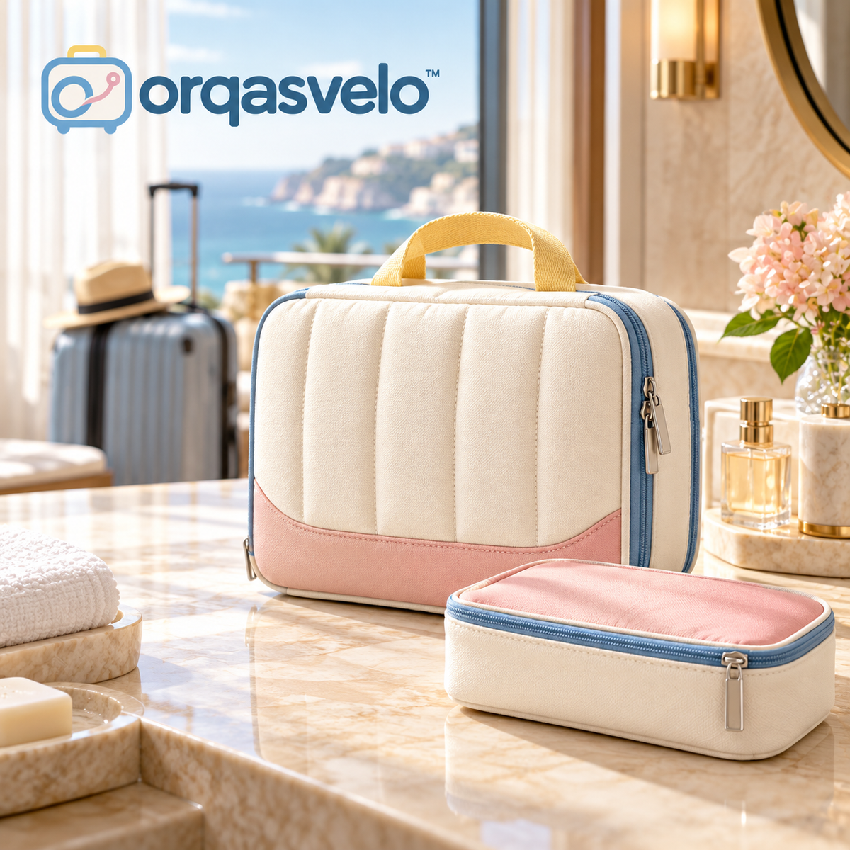 orqasvelo™ Daily Ritual Hanging Toiletry Bag for Travel, Bathroom and Makeup Organizer with Removable Cosmetic Pouch