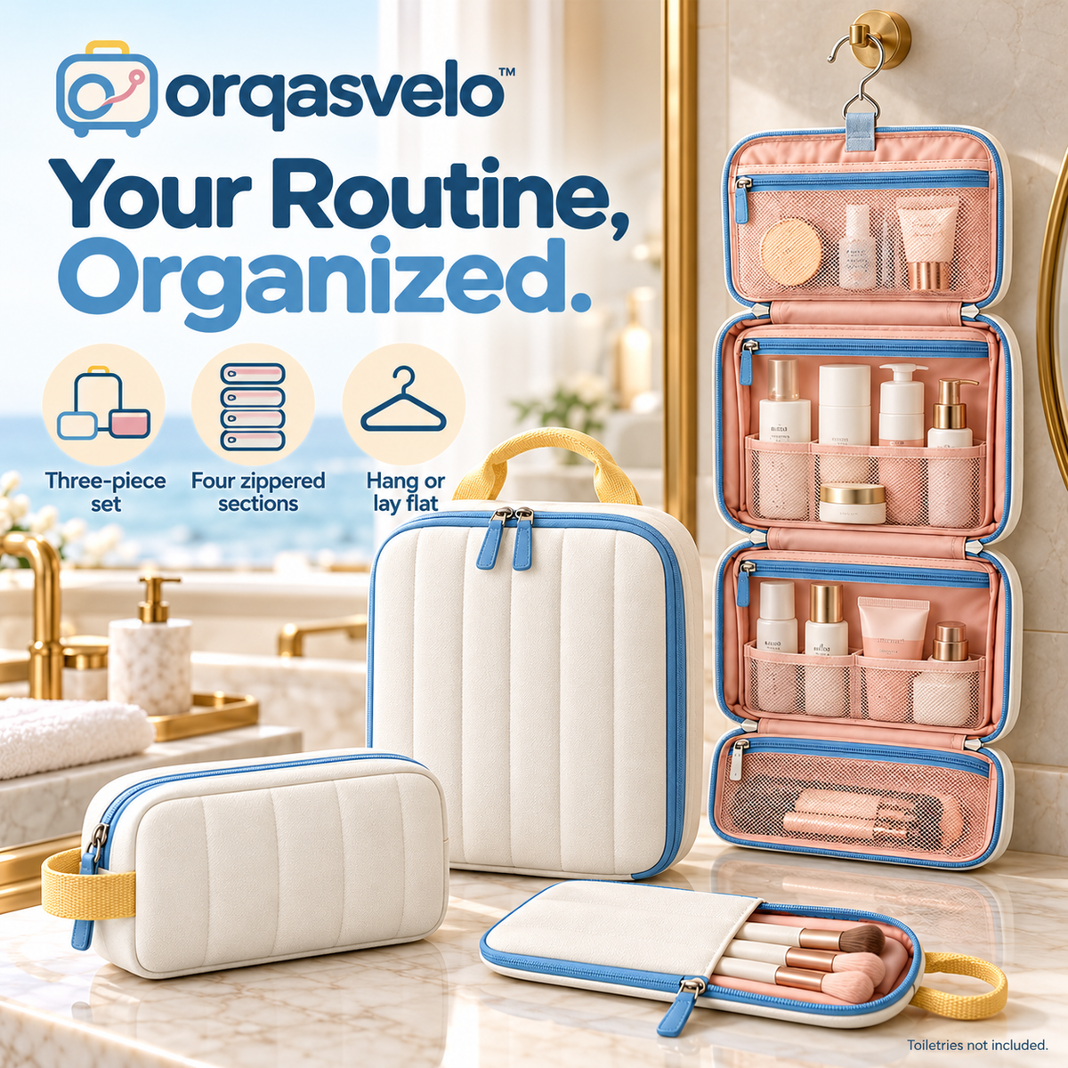 orqasvelo™ Suite Routine Large Hanging Toiletry Bag for Travel, Bathroom Organizer Set with Cosmetic Pouch and Brush Sleeve
