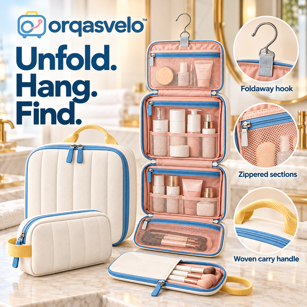 orqasvelo™ Suite Routine Large Hanging Toiletry Bag for Travel, Bathroom Organizer Set with Cosmetic Pouch and Brush Sleeve