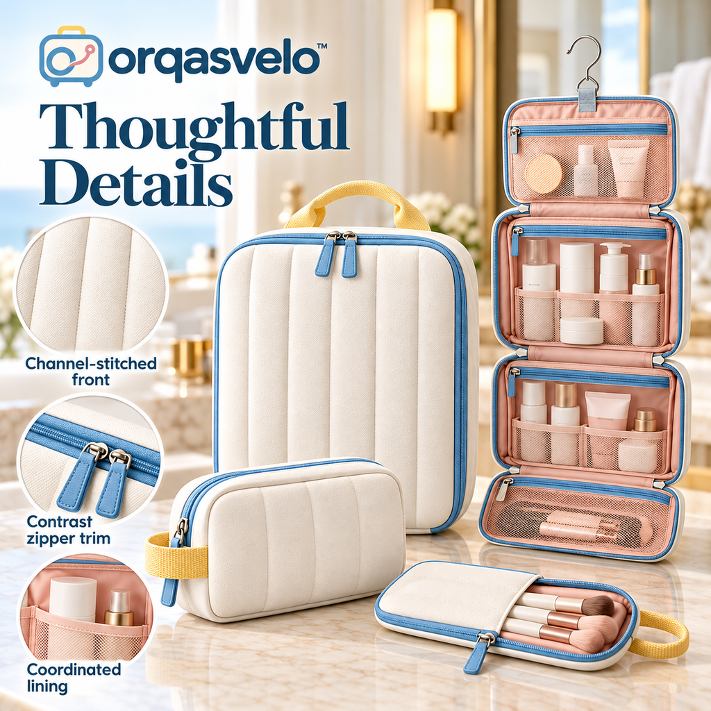 orqasvelo™ Suite Routine Large Hanging Toiletry Bag for Travel, Bathroom Organizer Set with Cosmetic Pouch and Brush Sleeve