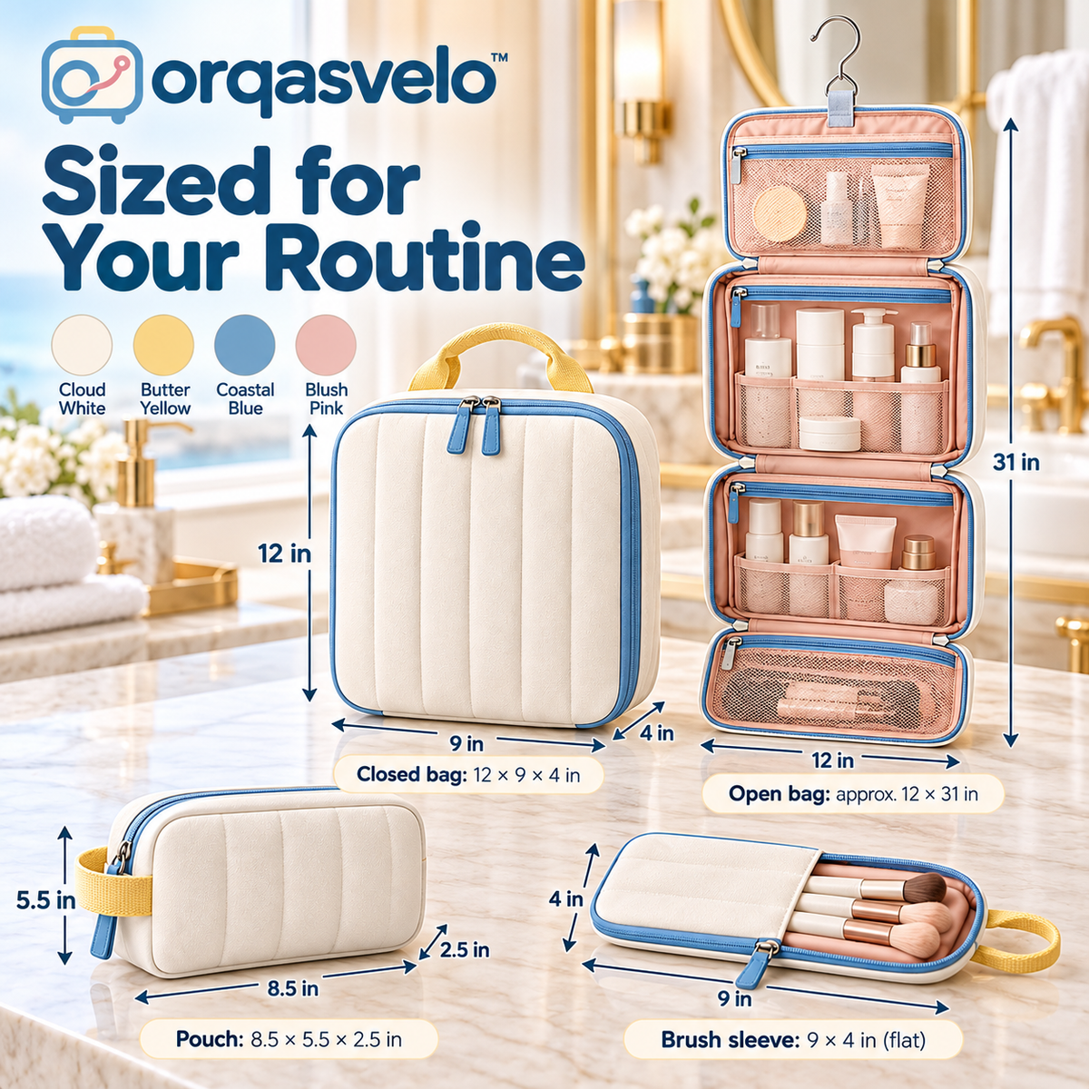 orqasvelo™ Suite Routine Large Hanging Toiletry Bag for Travel, Bathroom Organizer Set with Cosmetic Pouch and Brush Sleeve