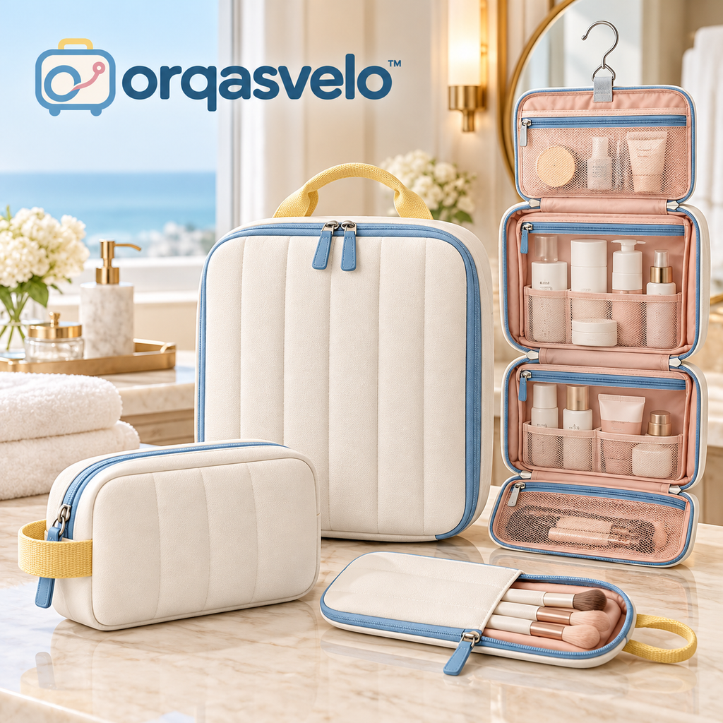 orqasvelo™ Suite Routine Large Hanging Toiletry Bag for Travel, Bathroom Organizer Set with Cosmetic Pouch and Brush Sleeve