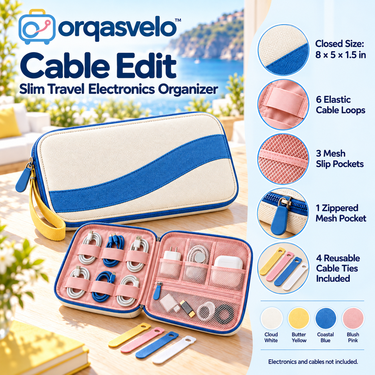 orqasvelo™ Cable Edit Travel Electronics Organizer, Slim Cable Organizer Bag and Tech Pouch for Chargers, Cords, and Small Accessories