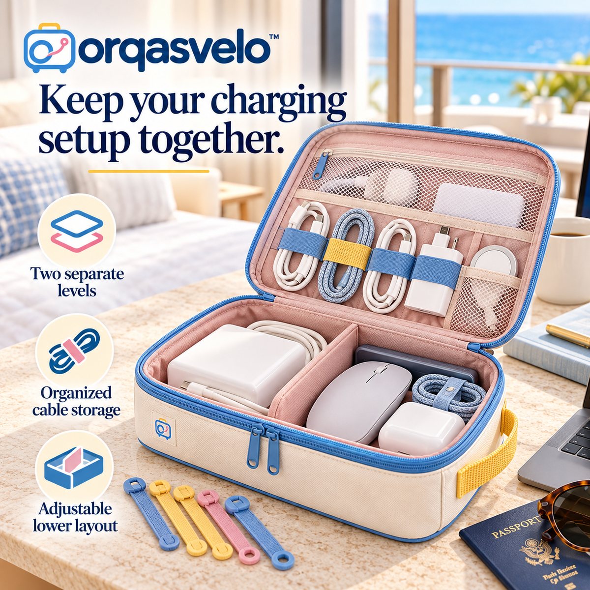 orqasvelo™ Tech Layers Travel Electronics Organizer Bag, Double-Layer Cable and Charger Storage Case with Adjustable Divider