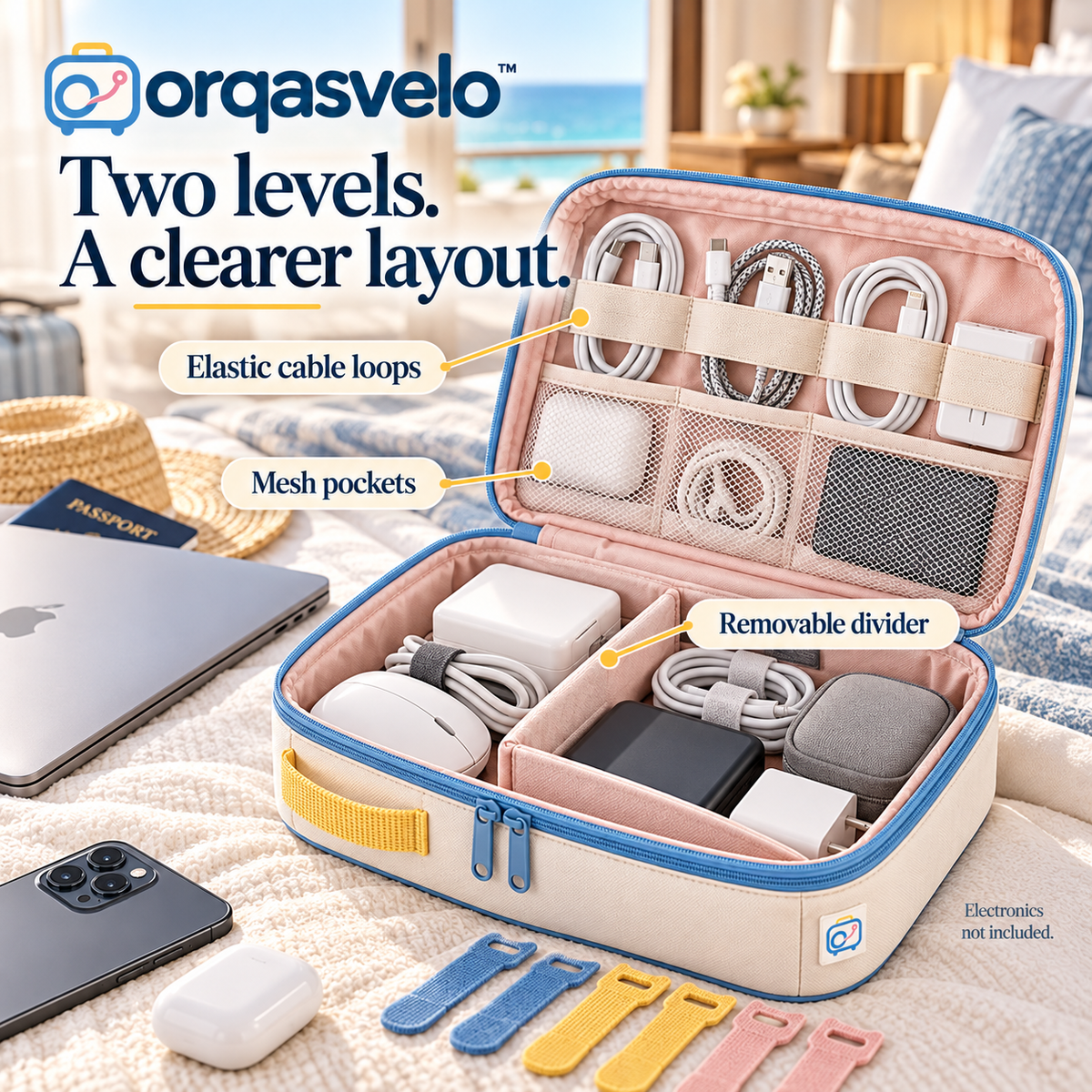 orqasvelo™ Tech Layers Travel Electronics Organizer Bag, Double-Layer Cable and Charger Storage Case with Adjustable Divider