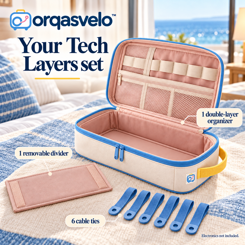 orqasvelo™ Tech Layers Travel Electronics Organizer Bag, Double-Layer Cable and Charger Storage Case with Adjustable Divider