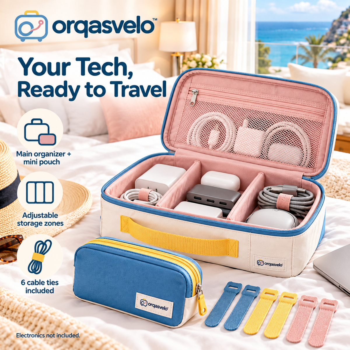 orqasvelo™ Workday Duo Travel Electronics Organizer Set, Tech Cable Pouch with Removable Mini Accessories Bag and Adjustable Dividers