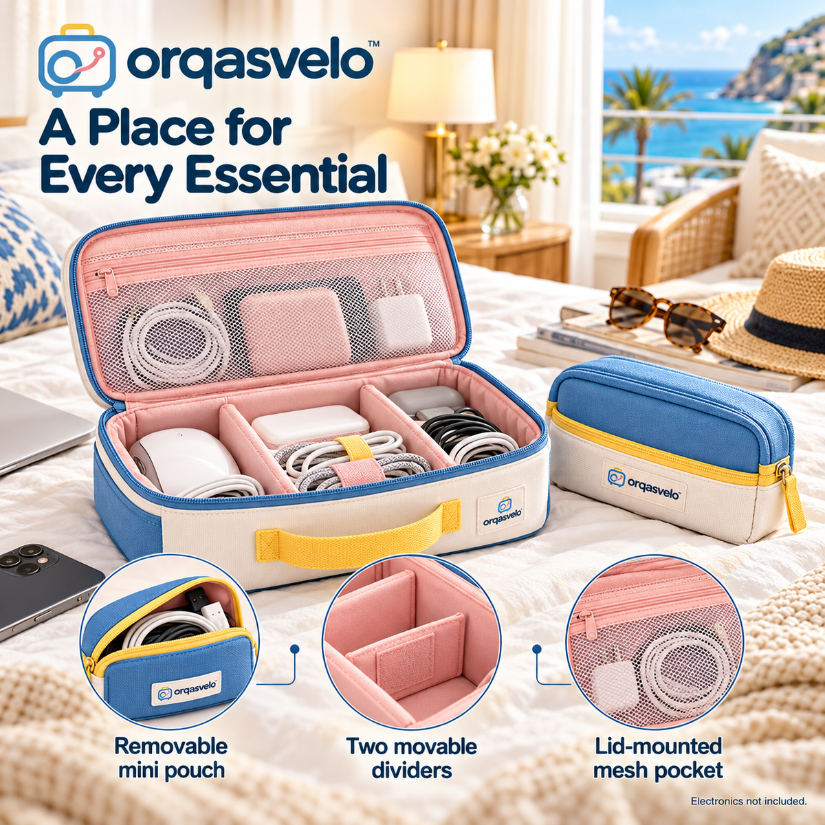 orqasvelo™ Workday Duo Travel Electronics Organizer Set, Tech Cable Pouch with Removable Mini Accessories Bag and Adjustable Dividers