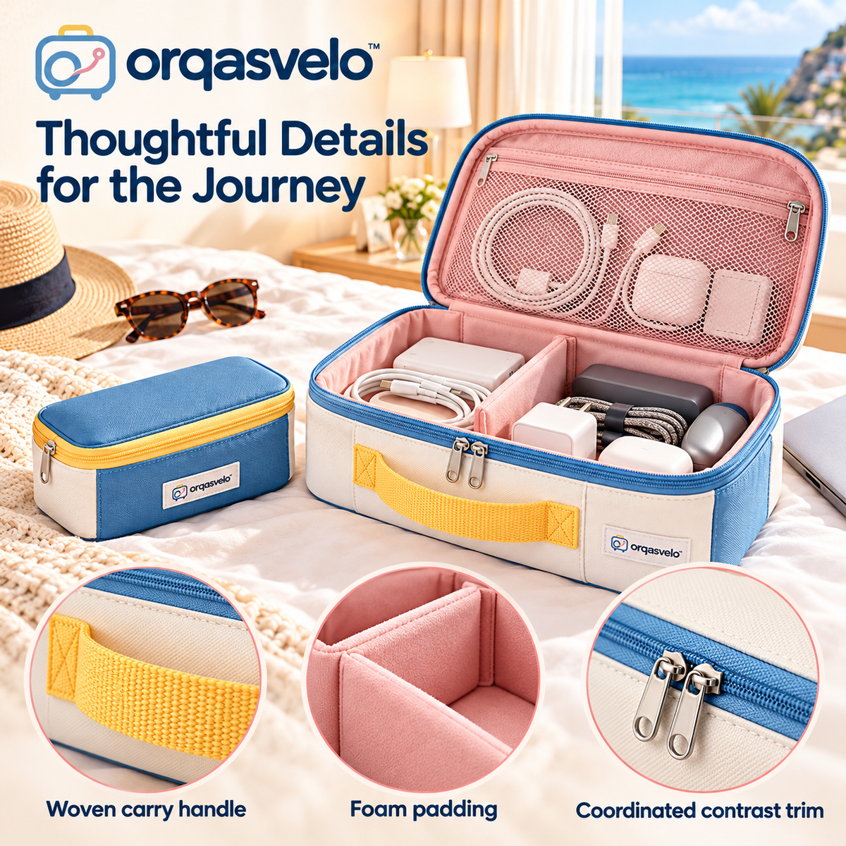 orqasvelo™ Workday Duo Travel Electronics Organizer Set, Tech Cable Pouch with Removable Mini Accessories Bag and Adjustable Dividers