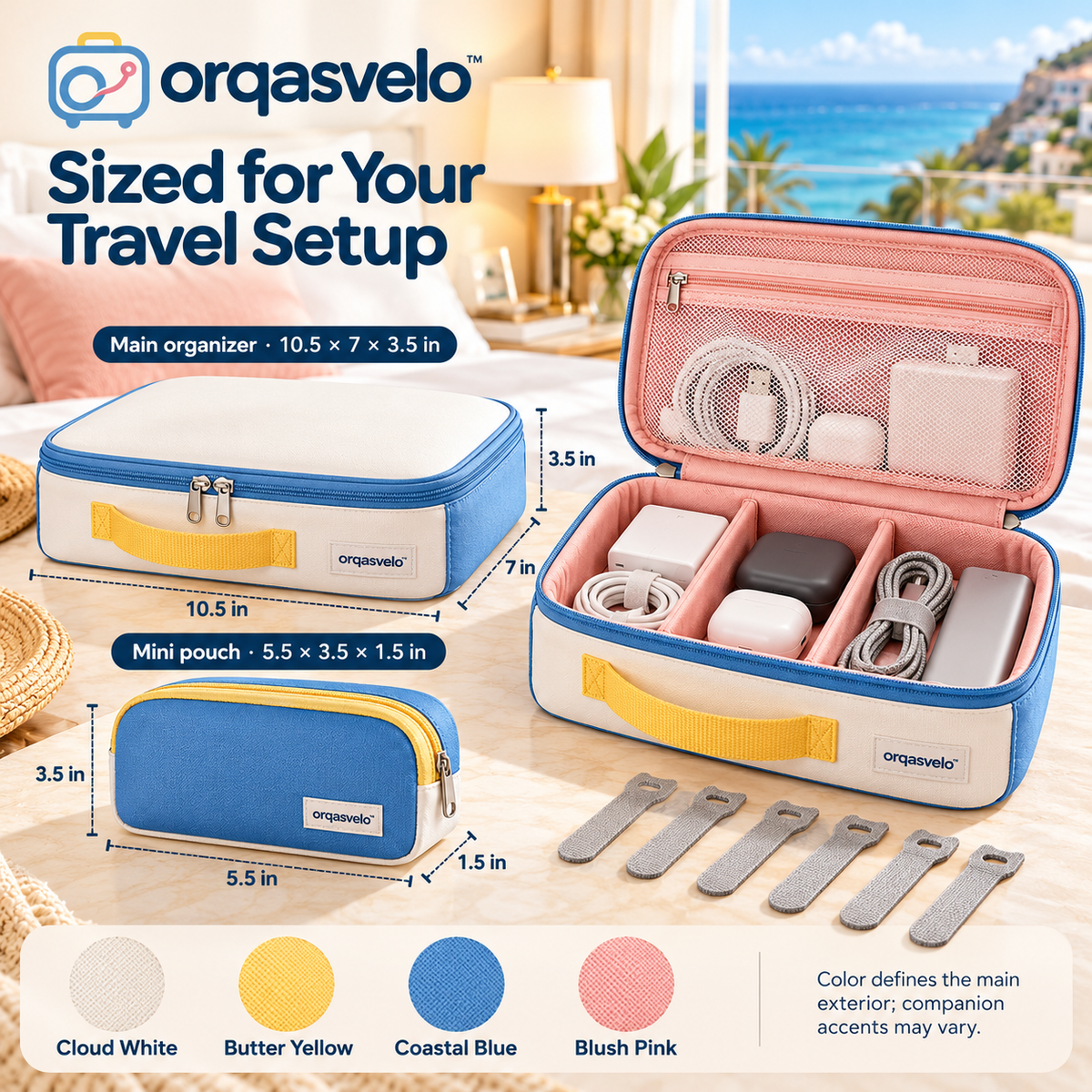 orqasvelo™ Workday Duo Travel Electronics Organizer Set, Tech Cable Pouch with Removable Mini Accessories Bag and Adjustable Dividers